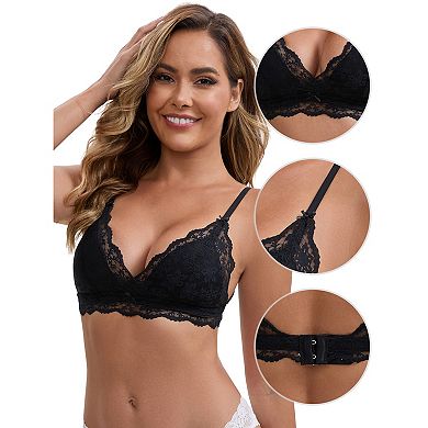3 Packs Women's Lace Plunge Wireless Bras Back Closure Adjustable Spaghetti Straps Triangle Bra