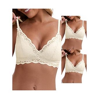 3 Packs Women's Lace Plunge Wireless Bras Back Closure Adjustable Spaghetti Straps Triangle Bra