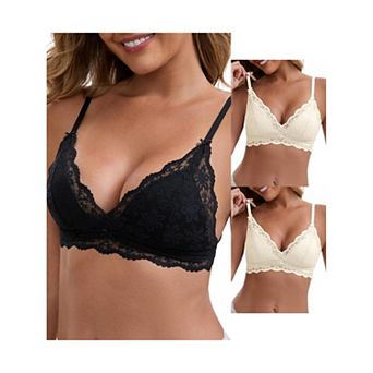 3 Packs Women's Lace Plunge Wireless Bras Back Closure Adjustable Spaghetti Straps Triangle Bra