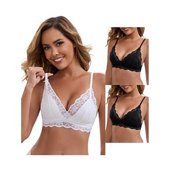 3 Packs Women's Lace Plunge Wireless Bras Back Closure Adjustable Spaghetti Straps Triangle Bra