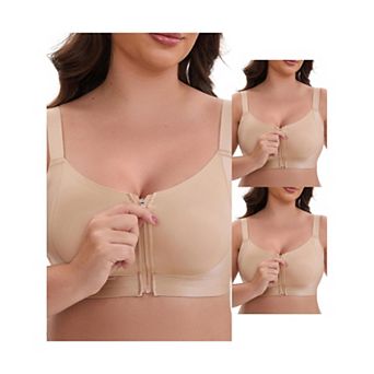 3 Packs Women's Zip Front U-Neck Lift Up Wirefree Full Soft Cup Breathable Comfortable Sports Bras