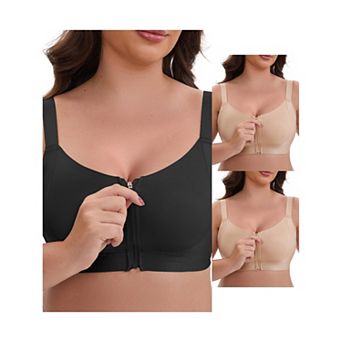 3 Packs Women's Zip Front U-Neck Lift Up Wirefree Full Soft Cup Breathable Comfortable Sports Bras