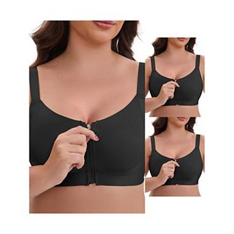 3 Packs Women's Zip Front U-Neck Lift Up Wirefree Full Soft Cup Breathable Comfortable Sports Bras