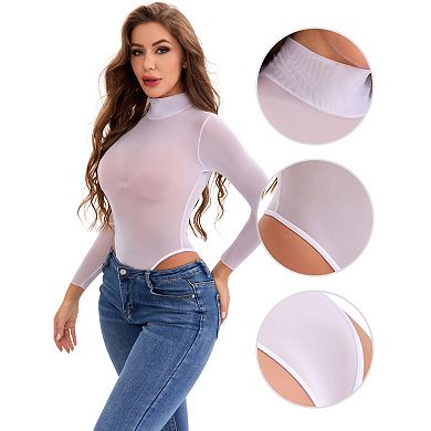 3 Packs Women's Mesh Tight High Neck See Through Jumpsuits Slimming Tummy Control Bodysuit