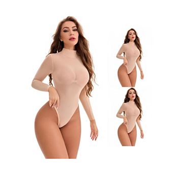 3 Packs Women's Mesh Tight High Neck See Through Jumpsuits Slimming Tummy Control Bodysuit