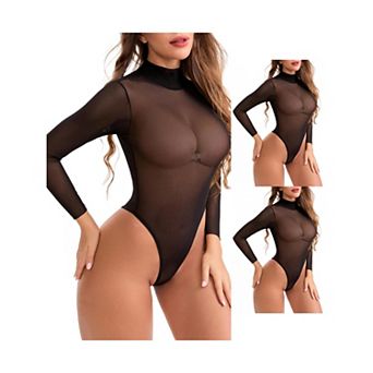 3 Packs Women's Mesh Tight High Neck See Through Jumpsuits Slimming Tummy Control Bodysuit