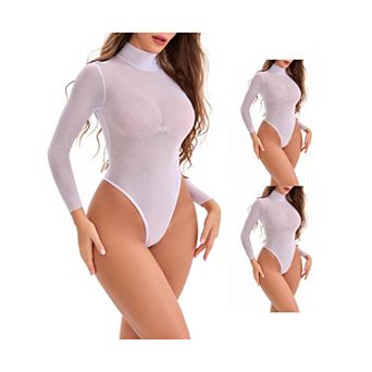 3 Packs Women's Mesh Tight High Neck See Through Jumpsuits Slimming Tummy Control Bodysuit