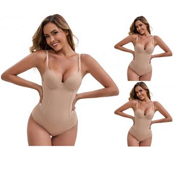 3 Packs Women's Steel Boning Underwired Padded Plunge Bodysuits Hip Lifter Crotch Hooks Closure