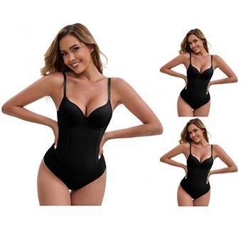 3 Packs Women's Steel Boning Underwired Padded Plunge Bodysuits Hip Lifter Crotch Hooks Closure