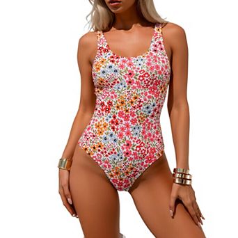 Floral Print One Piece Swimsuit for Women, Tie Back Adjustable Straps Tummy Control Bathing Suit