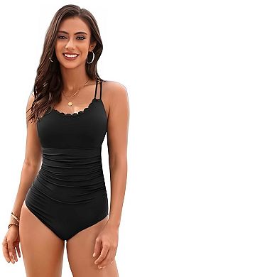 Slim Fit Scalloped Neck Bathing Suit