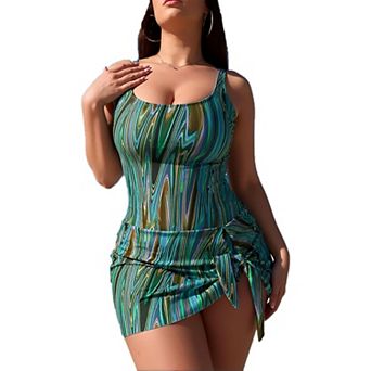 Marble Print Swimdress for Women, Tummy Control Bathing Suit with Adjustable Straps
