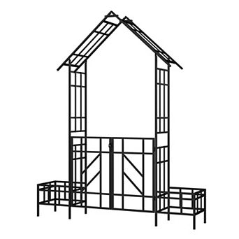 Loheer Metal Garden Arch with Gate and Planters for Climbing Plants Outdoor Rose Arch