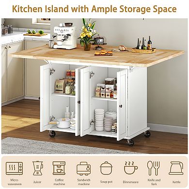 Rolling Kitchen Island with Drop Leaf Rubberwood Countertop,Storage Cabinet,Lockable Wheels