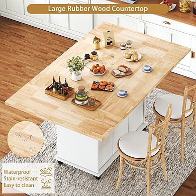 Rolling Kitchen Island with Drop Leaf Rubberwood Countertop,Storage Cabinet,Lockable Wheels