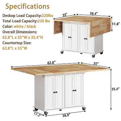 Rolling Kitchen Island with Drop Leaf Rubberwood Countertop,Storage Cabinet,Lockable Wheels