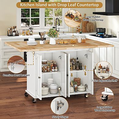 Rolling Kitchen Island with Drop Leaf Rubberwood Countertop,Storage Cabinet,Lockable Wheels