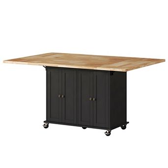 Rolling Kitchen Island with Drop Leaf Rubberwood Countertop,Storage Cabinet,Lockable Wheels