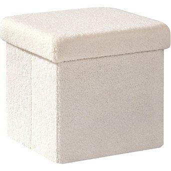 Square Storage Ottoman, Faux Teddy Fur, Padded Footstool, Multi-Use