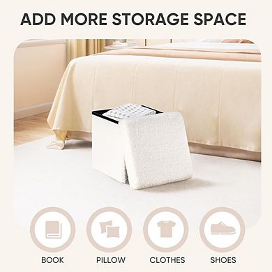 Square Storage Ottoman, Faux Teddy Fur, Padded Footstool, Multi-Use