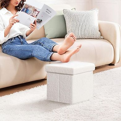 Square Storage Ottoman, Faux Teddy Fur, Padded Footstool, Multi-Use