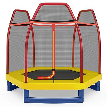 7 Ft Kids Bounce Jumper Trampoline with Safety Enclosure Net for Backyard Fun