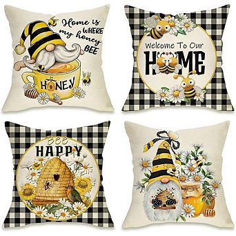 Spring Summer Bee Gnome Throw Pillow Covers Set of 4, Buffalo Plaid Farmhouse Cushion Decor