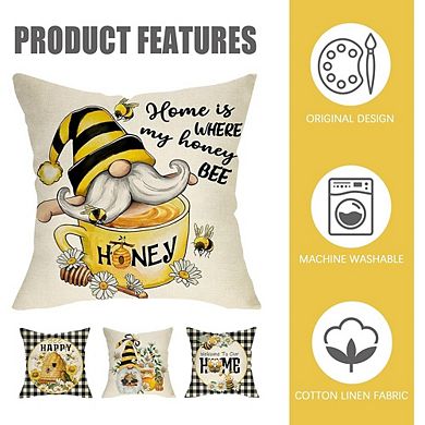 Spring Summer Bee Gnome Throw Pillow Covers Set of 4, Buffalo Plaid Farmhouse Cushion Decor