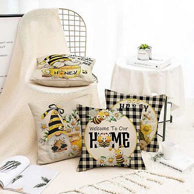 Spring Summer Bee Gnome Throw Pillow Covers Set of 4, Buffalo Plaid Farmhouse Cushion Decor