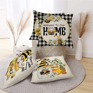 Spring Summer Bee Gnome Throw Pillow Covers Set of 4, Buffalo Plaid Farmhouse Cushion Decor