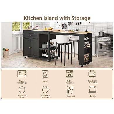Rolling Kitchen Island with Extendable Table, Storage Cabinet, Drawers, Spice Rack, Towel Rack