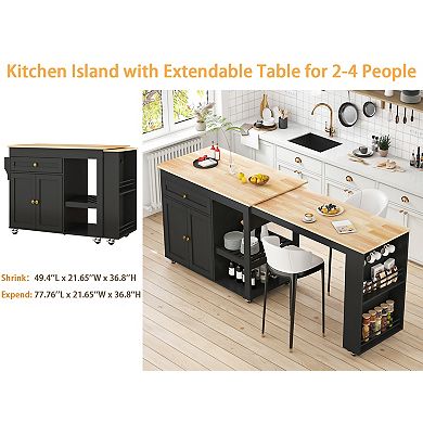Rolling Kitchen Island with Extendable Table, Storage Cabinet, Drawers, Spice Rack, Towel Rack