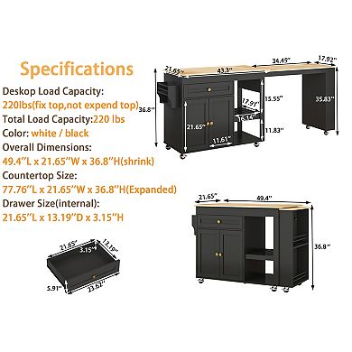 Rolling Kitchen Island with Extendable Table, Storage Cabinet, Drawers, Spice Rack, Towel Rack