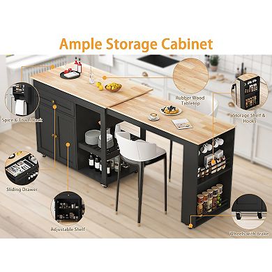 Rolling Kitchen Island with Extendable Table, Storage Cabinet, Drawers, Spice Rack, Towel Rack
