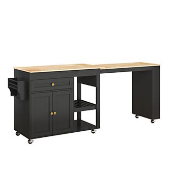 Rolling Kitchen Island with Extendable Table, Storage Cabinet, Drawers, Spice Rack, Towel Rack