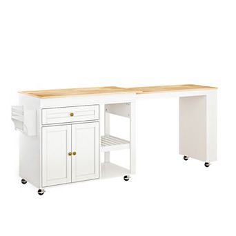 Rolling Kitchen Island with Extendable Table, Storage Cabinet, Drawers, Spice Rack, Towel Rack