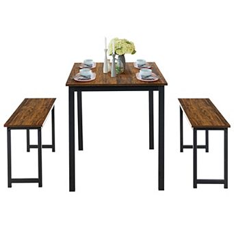3 pc Dining Table Set with 2 Benches for Dining Room Kitchen Bar-Brown