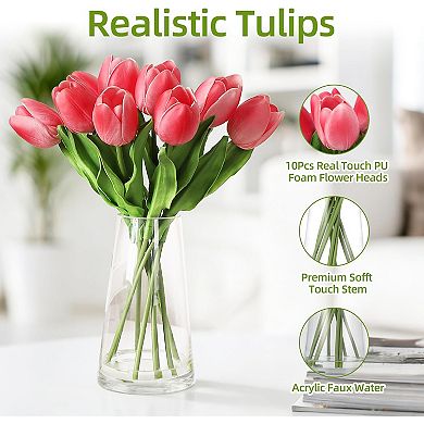 Real Touch Artificial Tulips in Glass Vase with Faux Water, Rose Table Decor
