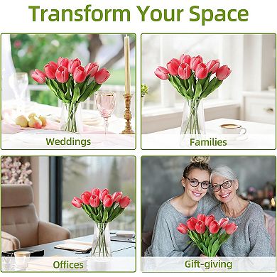 Real Touch Artificial Tulips in Glass Vase with Faux Water, Rose Table Decor