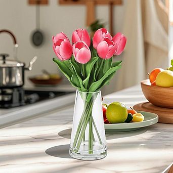 Real Touch Artificial Tulips in Glass Vase with Faux Water, Rose Table Decor