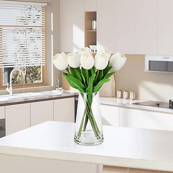 Real Touch Artificial Tulips in Glass Vase with Faux Water, Rose Table Decor