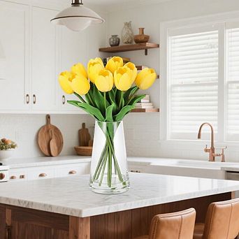 Real Touch Artificial Tulips in Glass Vase with Faux Water, Rose Table Decor