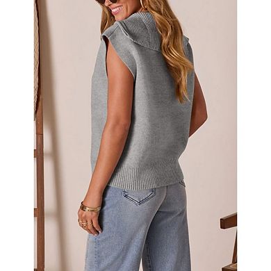 Women's Casual Sleeveless Half Zip Pullover Sweaters V Neck Collar Ribbed Knitted Loose Sweaters