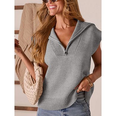 Women's Casual Sleeveless Half Zip Pullover Sweaters V Neck Collar Ribbed Knitted Loose Sweaters
