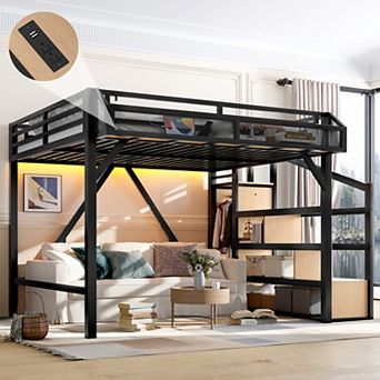 Queen Loft Bed with Storage Stairs Shelves Wardrobe USB LED Lights Noise Reduced Natural