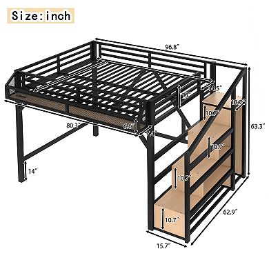 Queen Loft Bed with Storage Stairs Shelves Wardrobe USB LED Lights Noise Reduced Natural