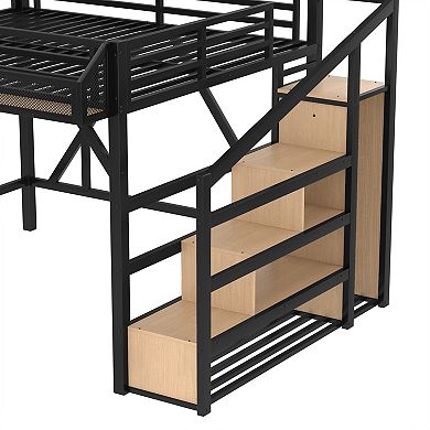 Queen Loft Bed with Storage Stairs Shelves Wardrobe USB LED Lights Noise Reduced Natural