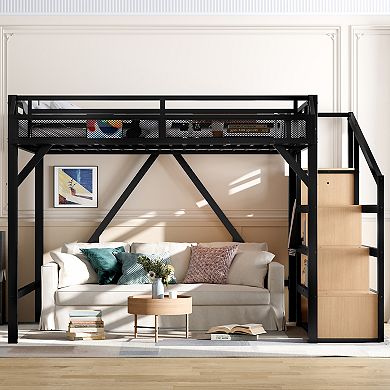 Queen Loft Bed with Storage Stairs Shelves Wardrobe USB LED Lights Noise Reduced Natural