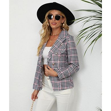 Women's Plaid Double Breasted Blazer Long Sleeve Notched Lapel Casual Coat for Daily Wear