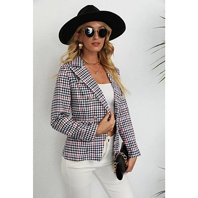 Women's Plaid Double Breasted Blazer Long Sleeve Notched Lapel Casual Coat for Daily Wear